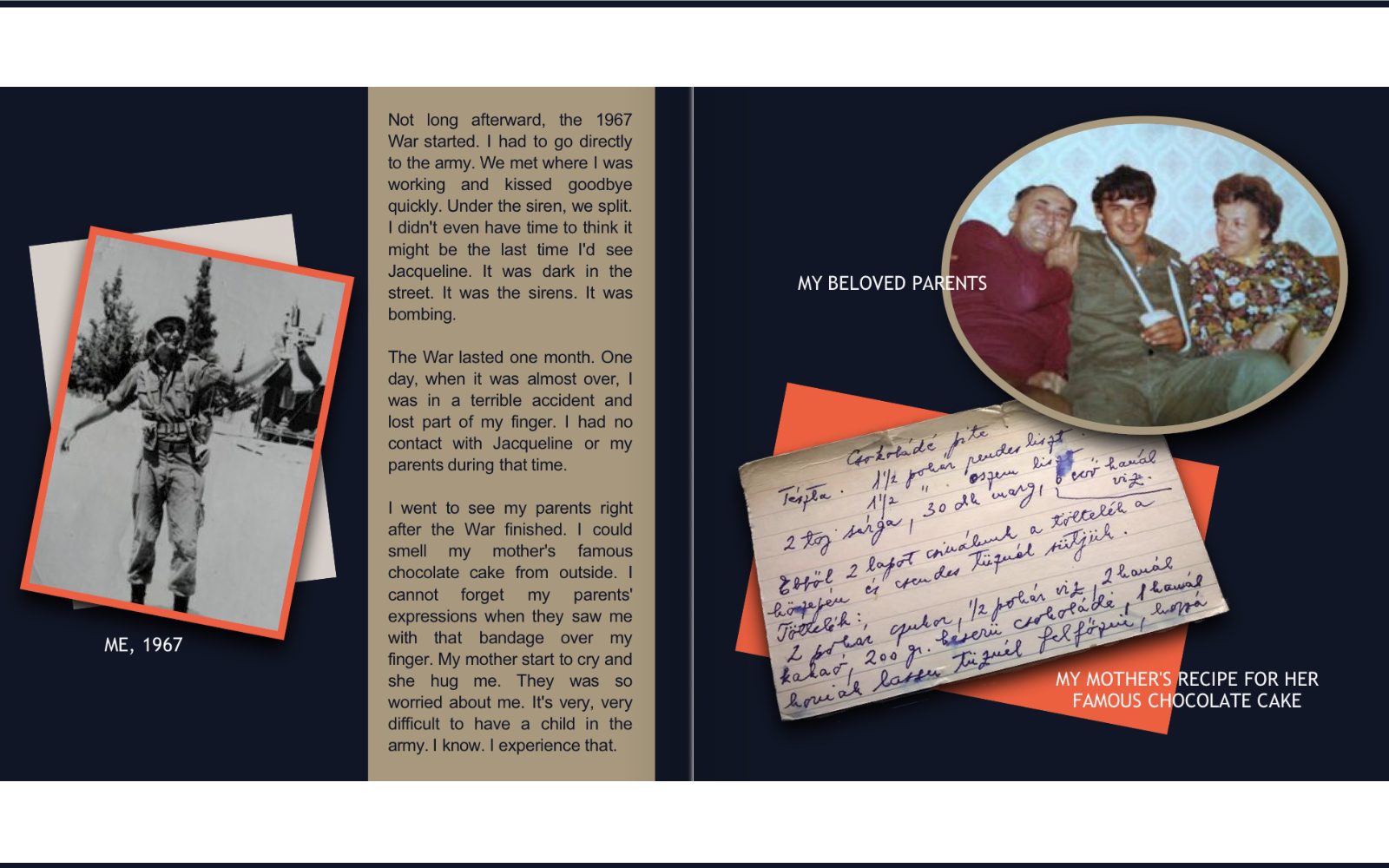 Book layout showing picture of soldier, family and recipe card.